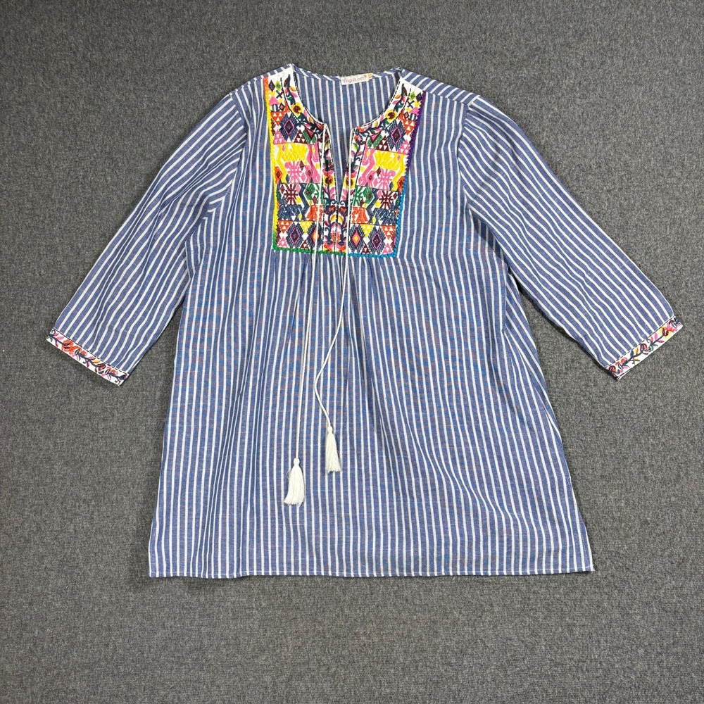 Top It Off Blue White Striped Embroidered Linen Blend Tunic Top XL Boho Tassel